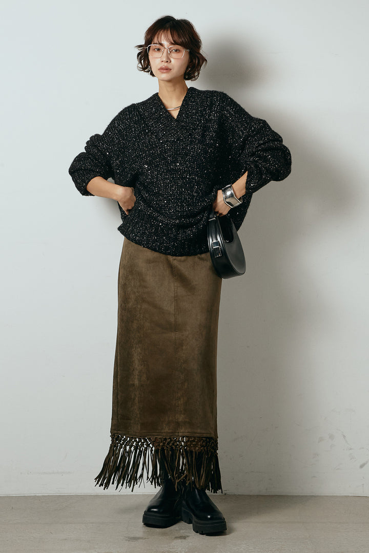 [SET]Vネックラメニットトップス+スウェードライク裾フリンジスカート(2set)