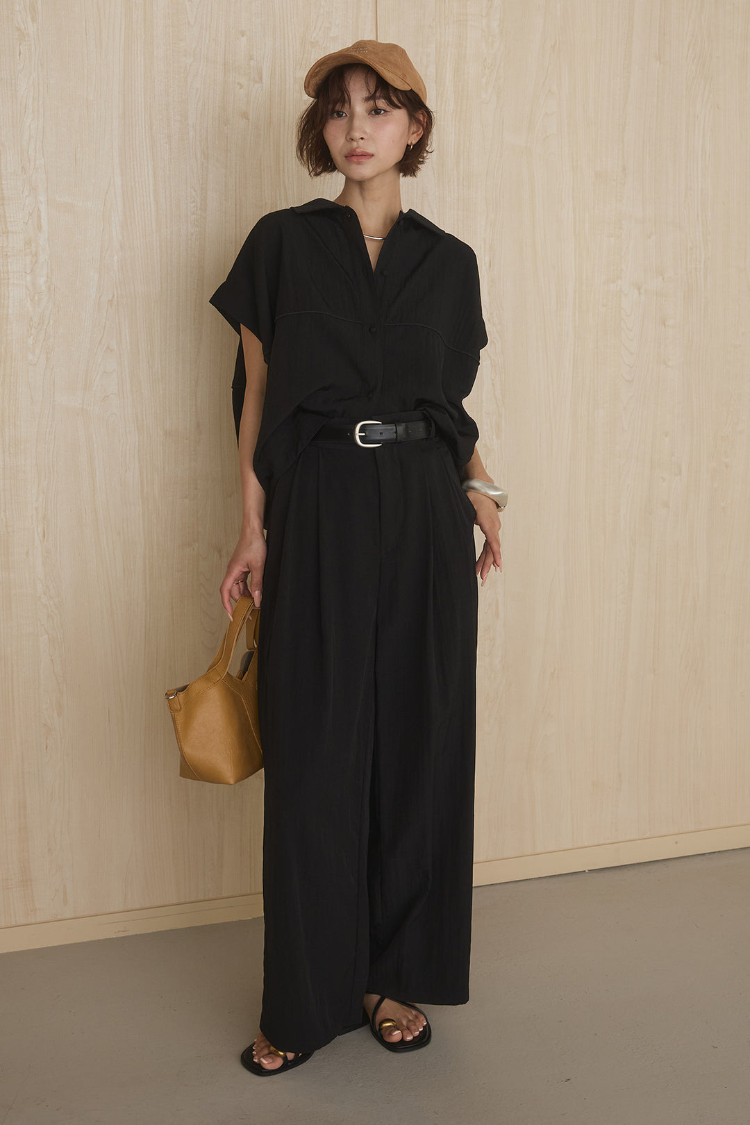 [SET]リネンライクランタンノースリシャツ+リネンライク2タックワイドパンツ(2set)