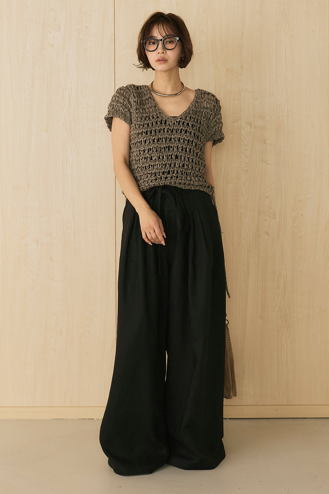 [SET]クラフト透かし編みフレンチニット+紐付き麻混パンツ(2set)