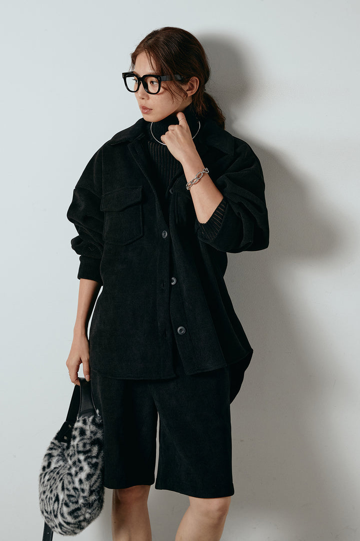 [SET]襟付きコーデュロイポケットシャツ+リブニットシームレスタートルプルオーバー+リラックスコーデュロイハーフパンツ(3set)