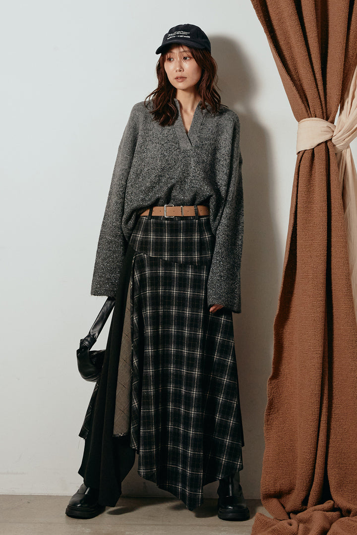 [SET]グラデーションラメニットキーネックプルオーバー+フェイクレザーベルト付き切り替えタータンチェックスカート(2set)