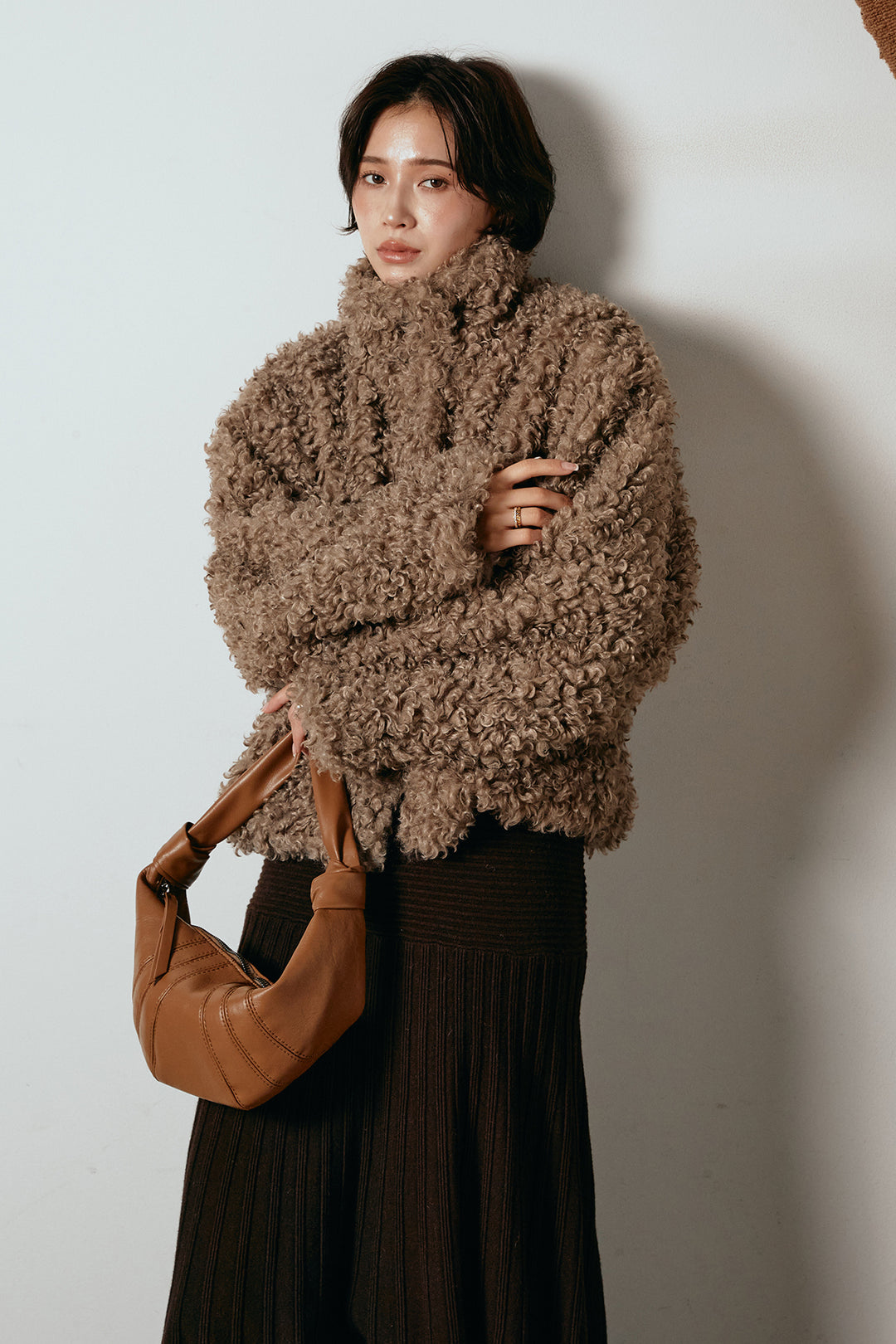 [SET]プードルファーミドルジャケット+編み地切り替えフレアニットスカート(2set)