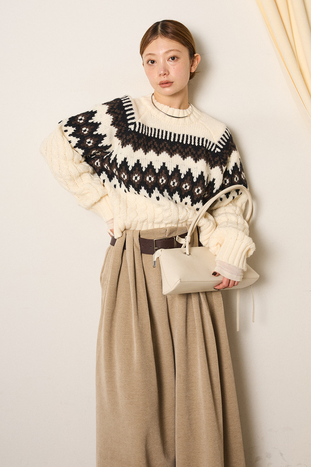 [SET]2WAY求心柄ジャガードショートカーディガン+ベルトループコーデュロイワイドパンツ+2WAY袖コード刺繍クルーネックプルオーバー(3set)