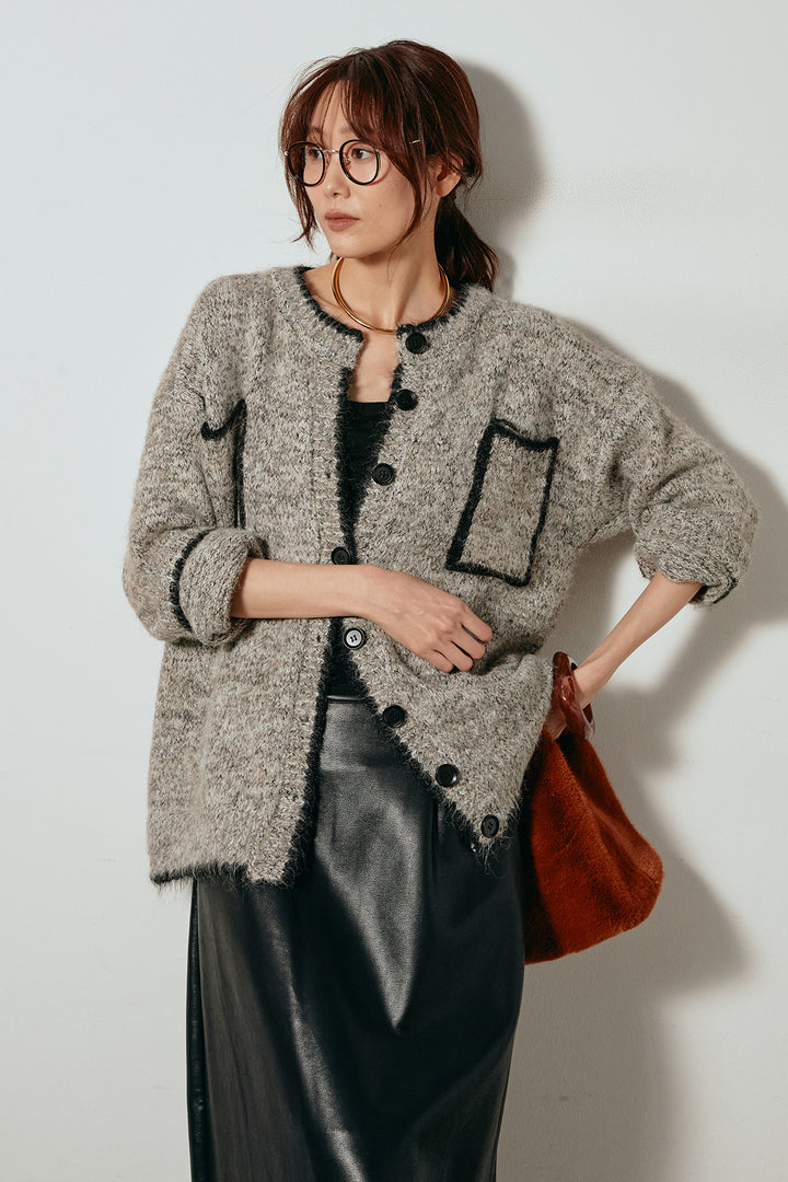 [SET]ミックスニットポケットカーディガン+紐付きフェイクレザーワイドスカート(2set)