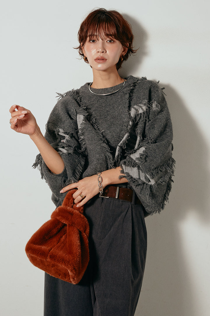 [SET]シャギージャガードニットトップス+太ベルト付きコーデュロイタックパンツ(2set)