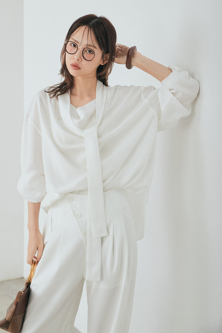 [SET]ニュアンスボータイブラウス+斜めボタンタック入りスラックス(2set)