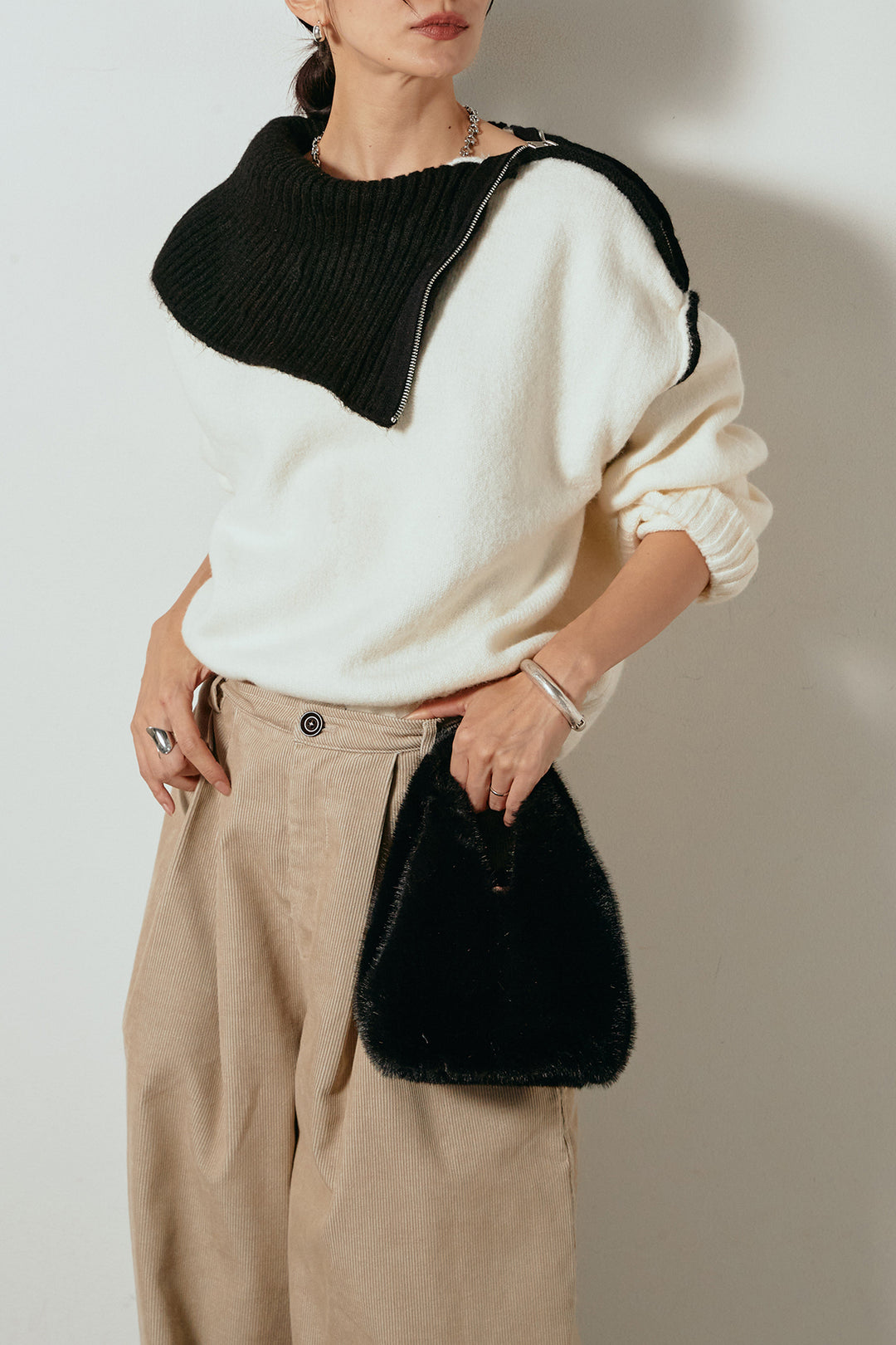 [SET]ハイネックジップデザインニットトップス+フロントタック入りコーデュロイパンツ(2set)