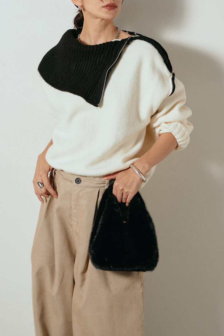 [SET]ハイネックジップデザインニットトップス+フロントタック入りコーデュロイパンツ(2set)