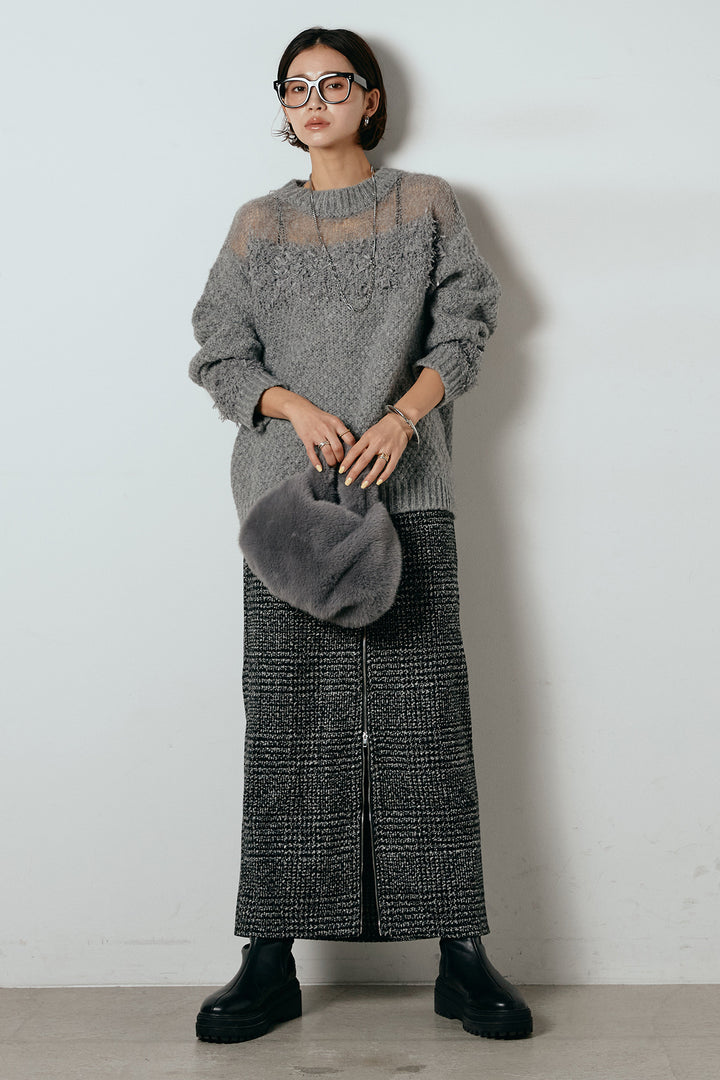 [SET]パターンランダム編みニットトップス+グレンチェック柄フロントジップタイトスカート(2set)