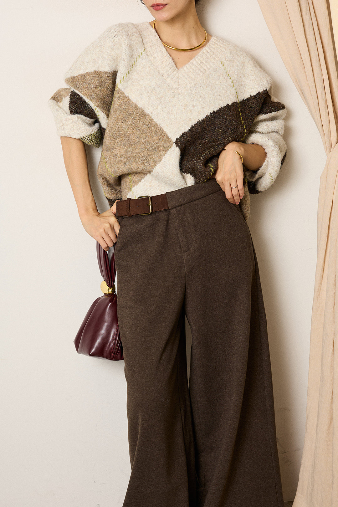 [SET]ルーズアーガイルVネックニット+サイドベルトパンツ(2set)