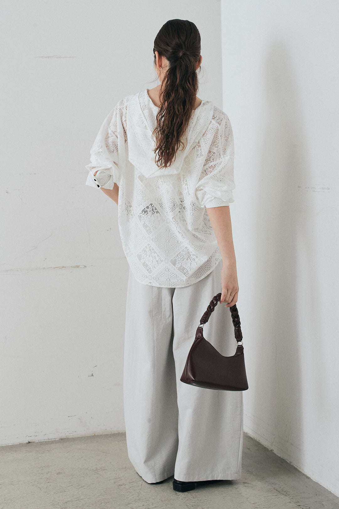 [SET]ブロックレースフード付きブラウス+ベルト付きサイドタックワイドパンツ(2set)