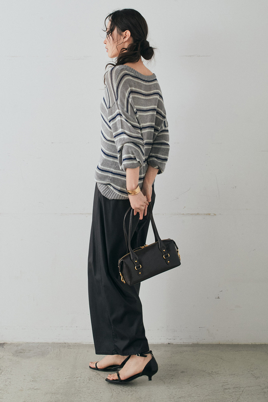 [SET]綿タッチVネックボーダートップス+ウォッシャブルエコレザータックパンツ(2set)