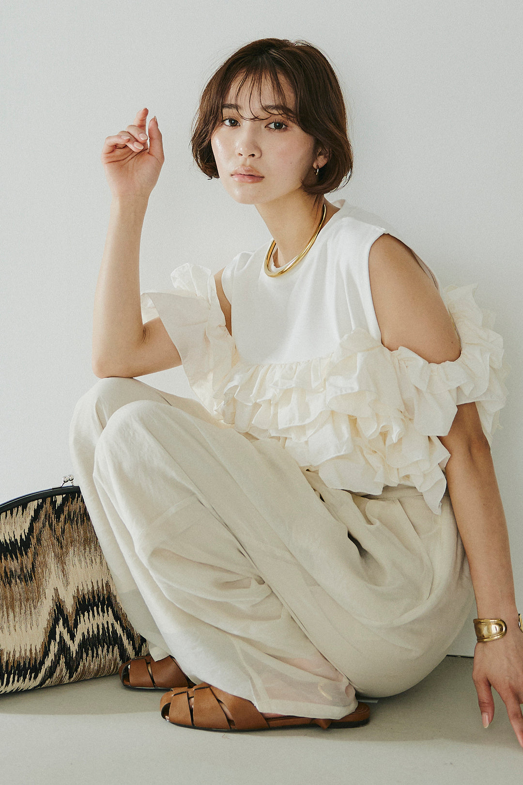 [SET]天竺ナイロンドッキングビスチェ風トップス+オーガンジータックパンツ(2set)