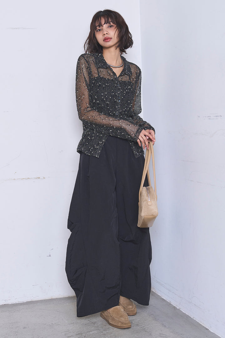 [SET]ネップメッシュポロ襟カーディガン+ドライタフタタックバレルパンツ(2set)