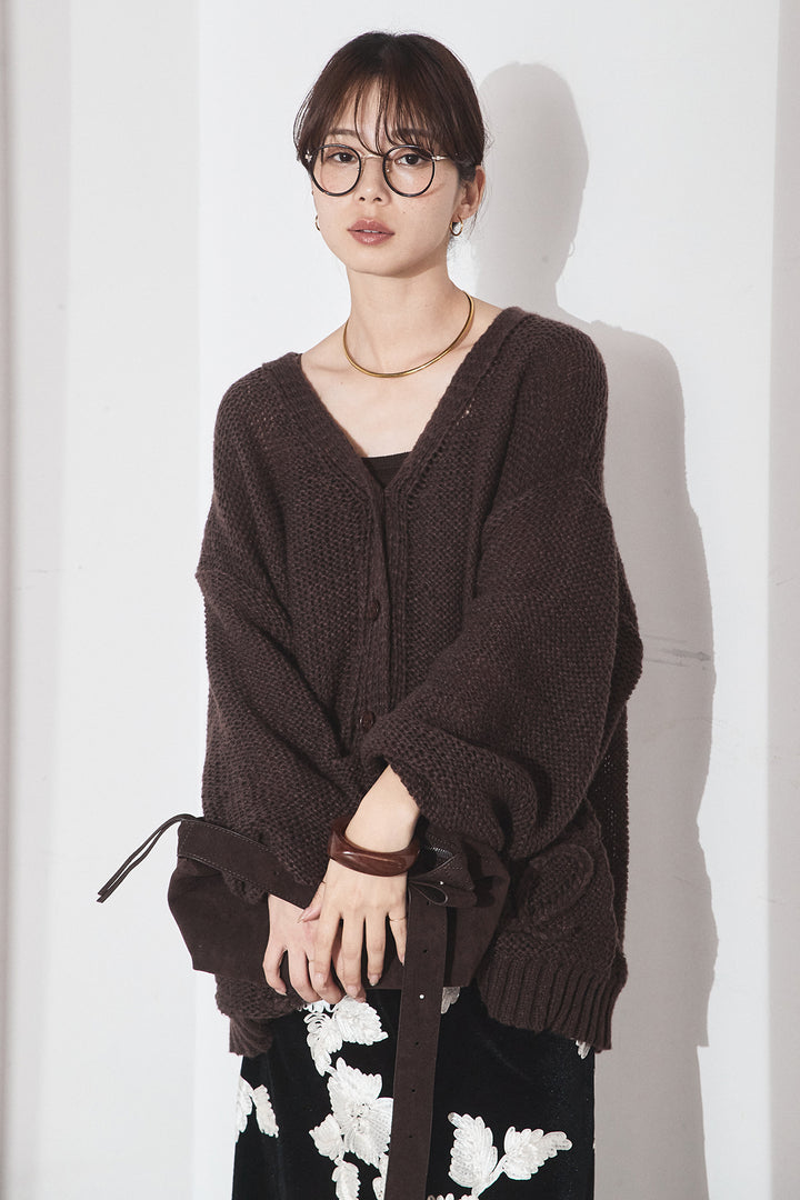 [SET]コード刺繍リラックスニットカーディガン+フラワー刺繍ワイドスカート(2set)