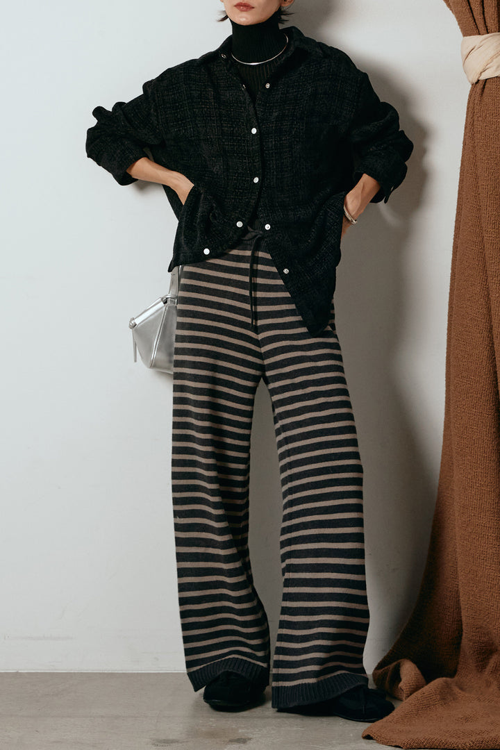 [SET]ルーズクラッシュツイルシャツ+ボーダーリラックスニットパンツ(2set)