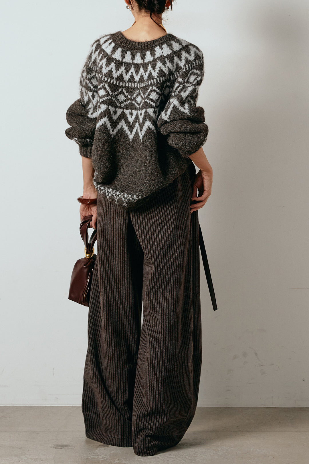 [SET]ノルディック柄Uネックプルオーバー+レザーライク配色ストライプパンツ(2set)