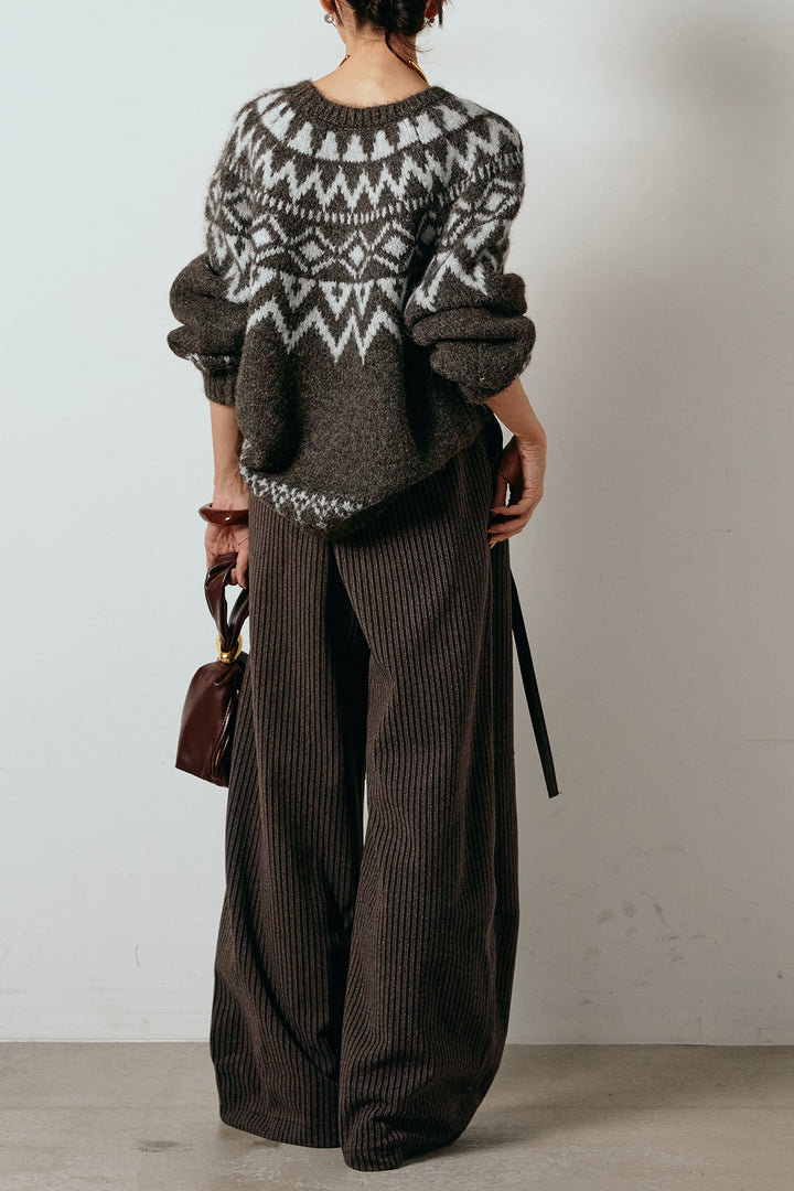 [SET]ノルディック柄Uネックプルオーバー+レザーライク配色ストライプパンツ(2set)