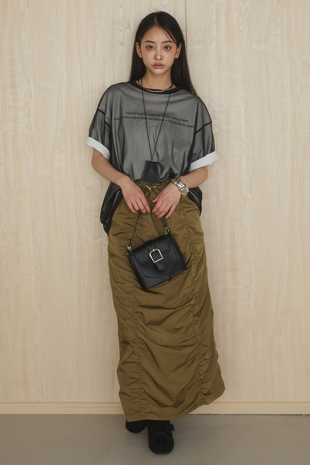 [SET]綿天竺Tシャツ×チュールトップス+ギャザーナロースカート(2set)