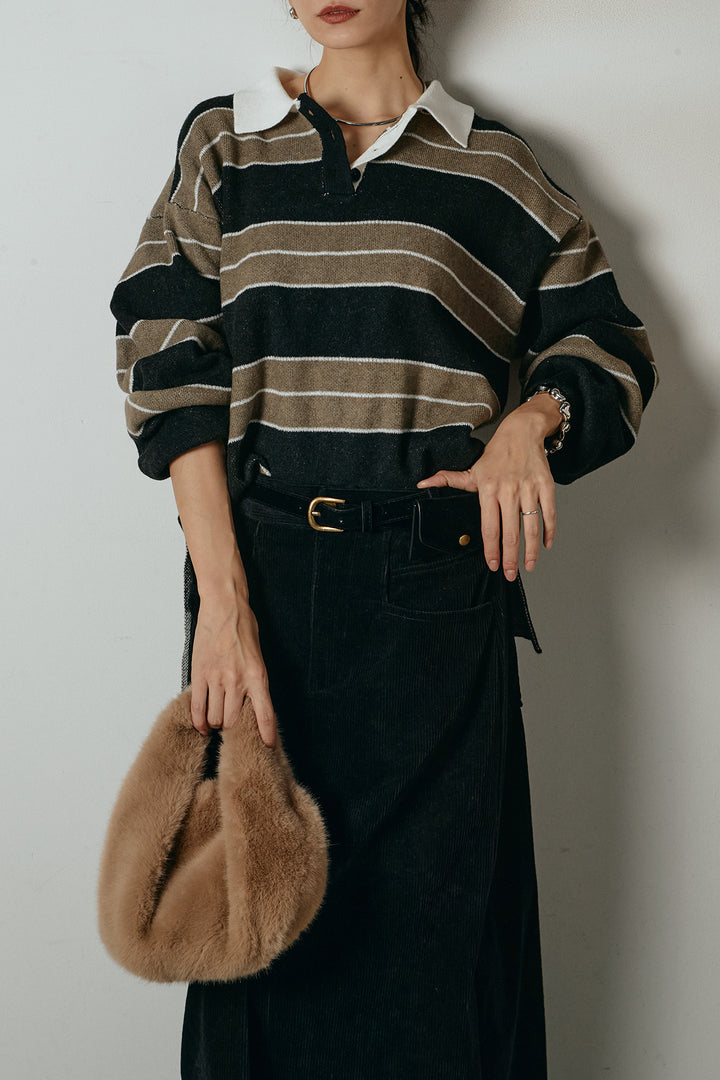 [SET]ラガーニットボーダーポロプルオーバー+ポーチベルト付きコーデュロイワイドスカート(2set)