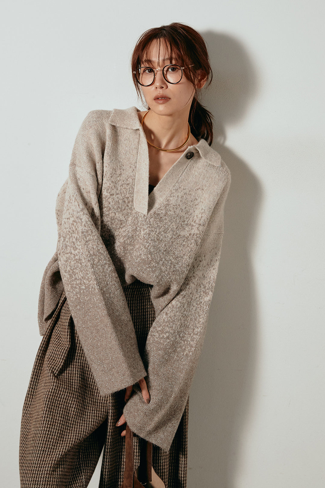 [SET]グラデーションラメニットキーネックプルオーバー+ガンクラブチェックタックパンツ(2set)