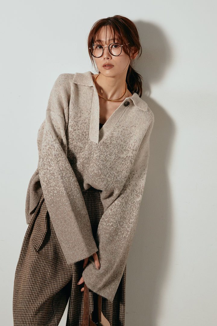 [SET]グラデーションラメニットキーネックプルオーバー+ガンクラブチェックタックパンツ(2set)