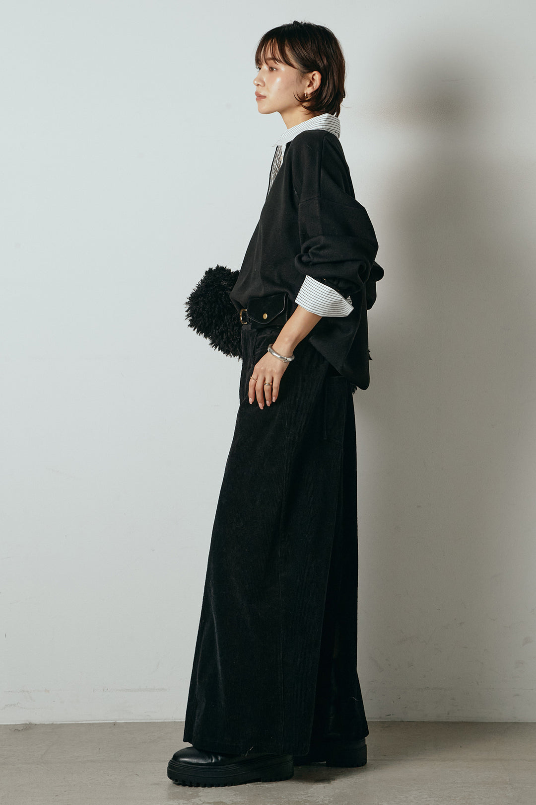 [SET]ストライプシャツドッキングポロトップス+ポーチベルト付きコーデュロイワイドスカート(2set)