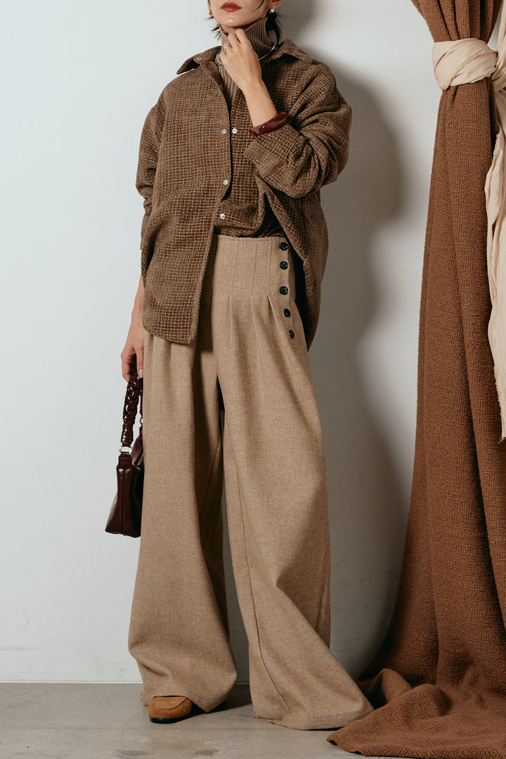 [SET]ルーズクラッシュツイルシャツ+リブニットシームレスタートルプルオーバー+サイドボタンツイードタックパンツ(3set)