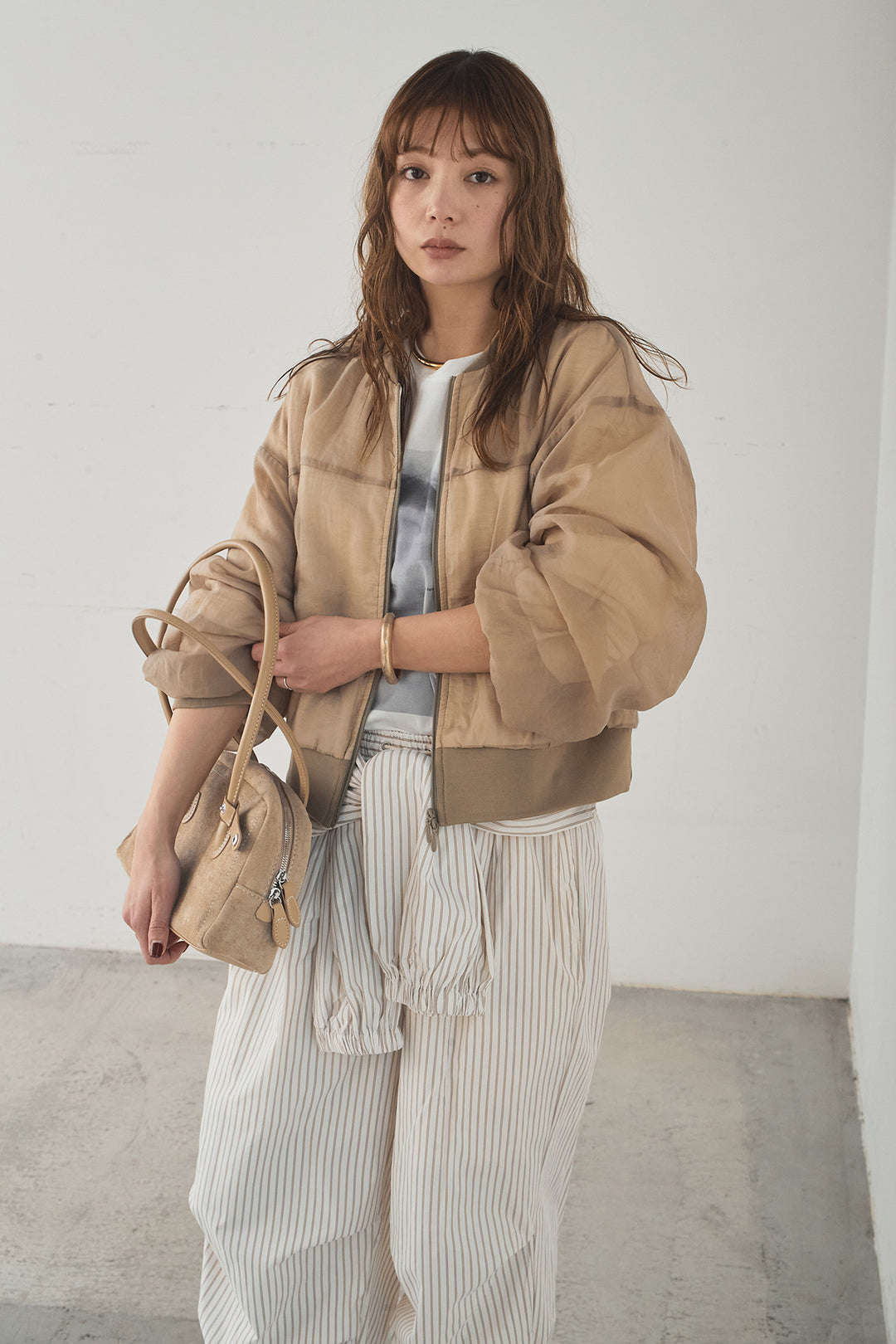 [SET]シアー×ポンチブルゾン+ストライプウエスト巻きジョガーパンツ(2set)