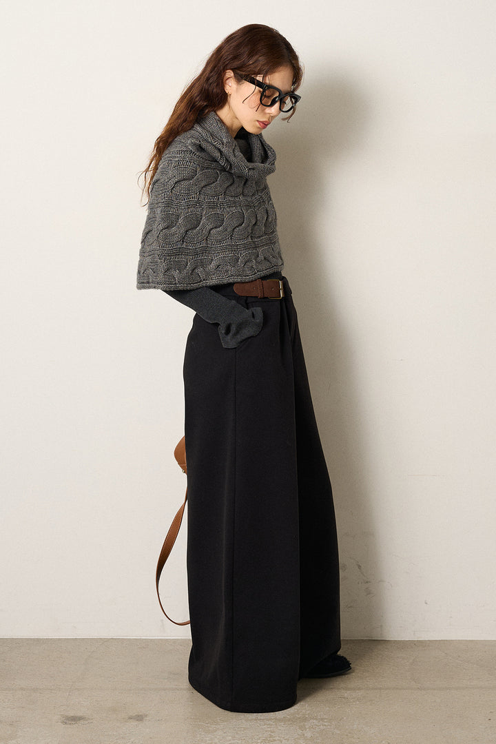 [SET]ケーブル編みケープレイヤードニット+サイドベルトパンツ(2set)