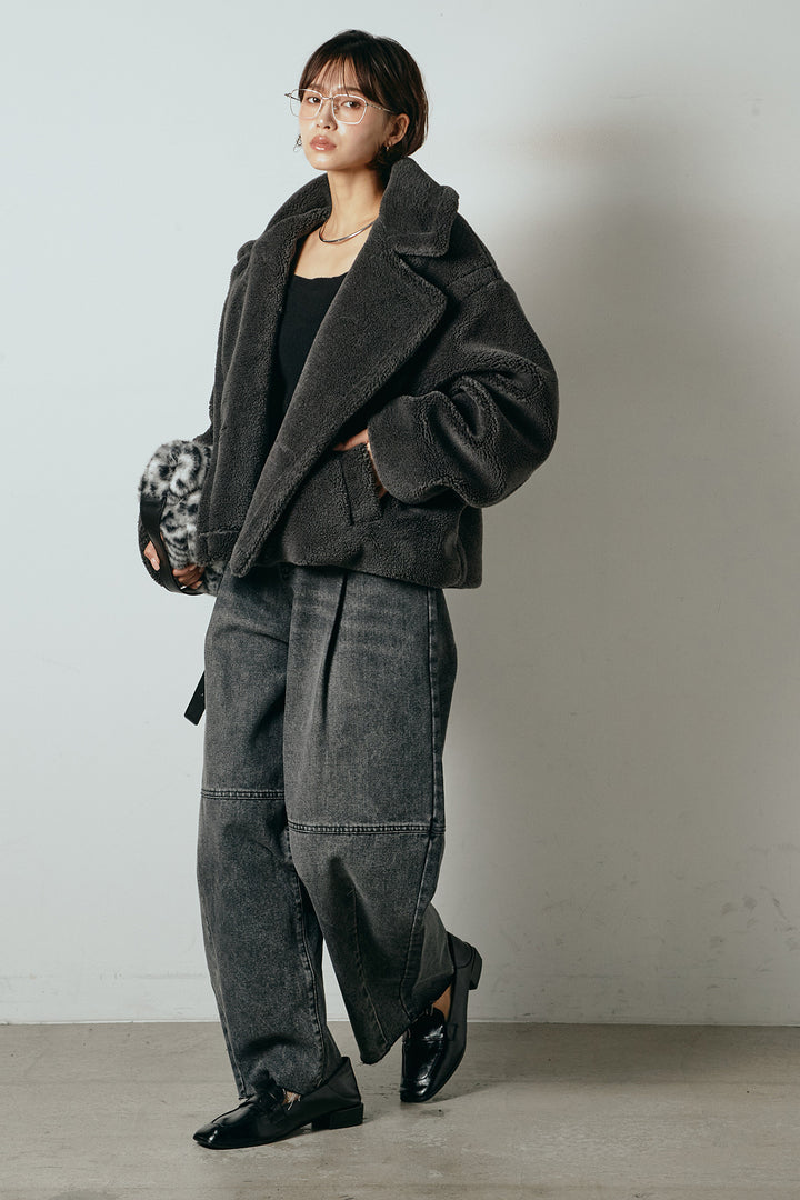 【2月中旬発送】
[SET]テディボアショートジャケット+加工デニムタックコクーンワイドパンツ(2set)
