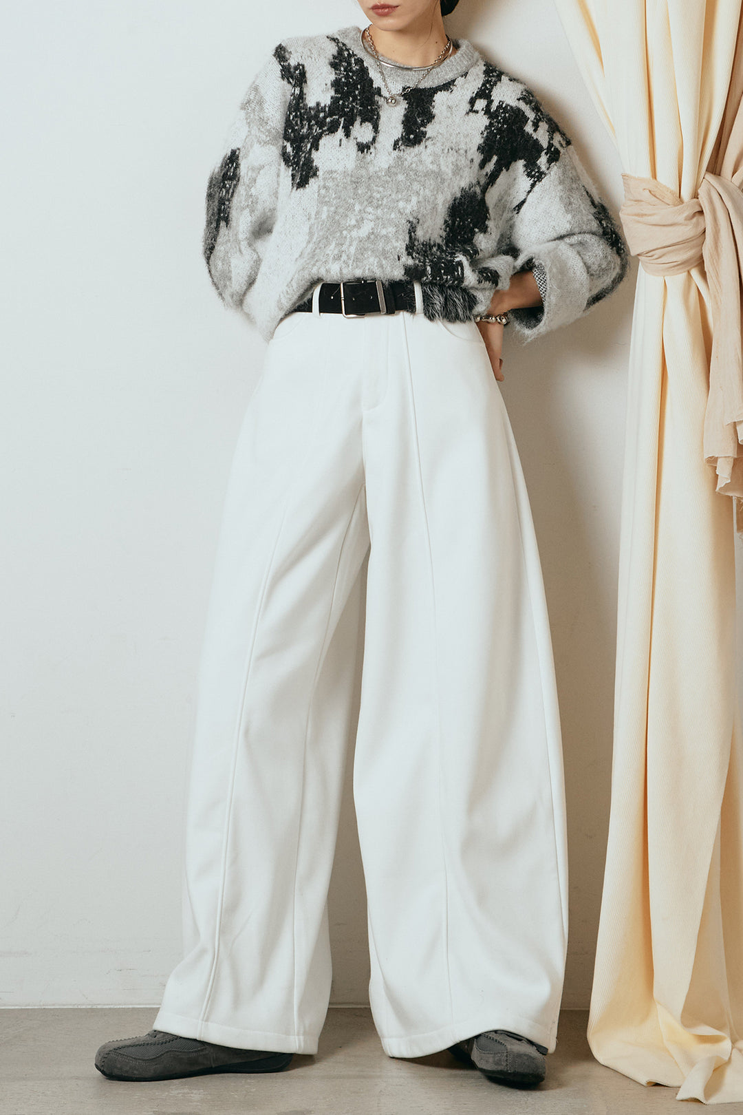 [SET]起毛ニュアンス柄ニットプルオーバー+ファーベルト付きワイドパンツ(2set)