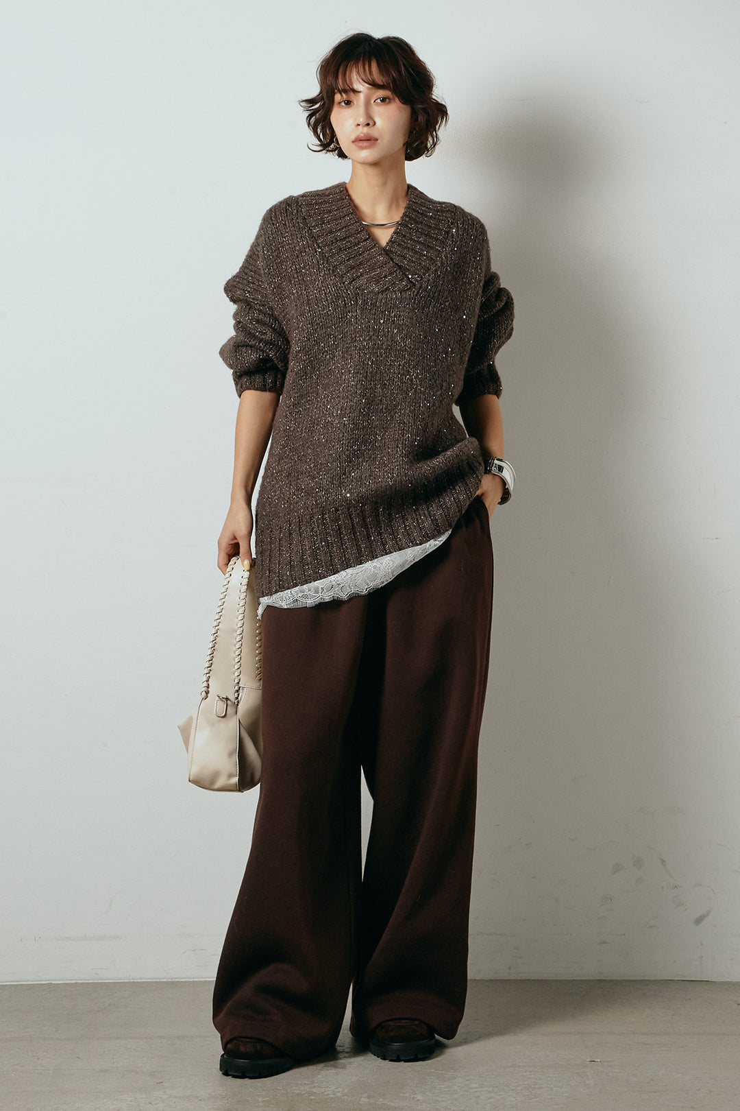 [SET]Vネックラメニットトップス+レース切り替えキャミソール(2set)