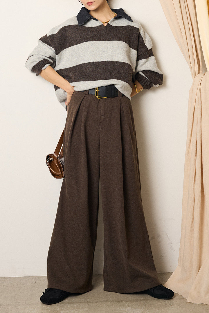 [SET]デニムカラーボーダールーズニット+ゴールドバックル太ベルト付きワイドパンツ(2set)