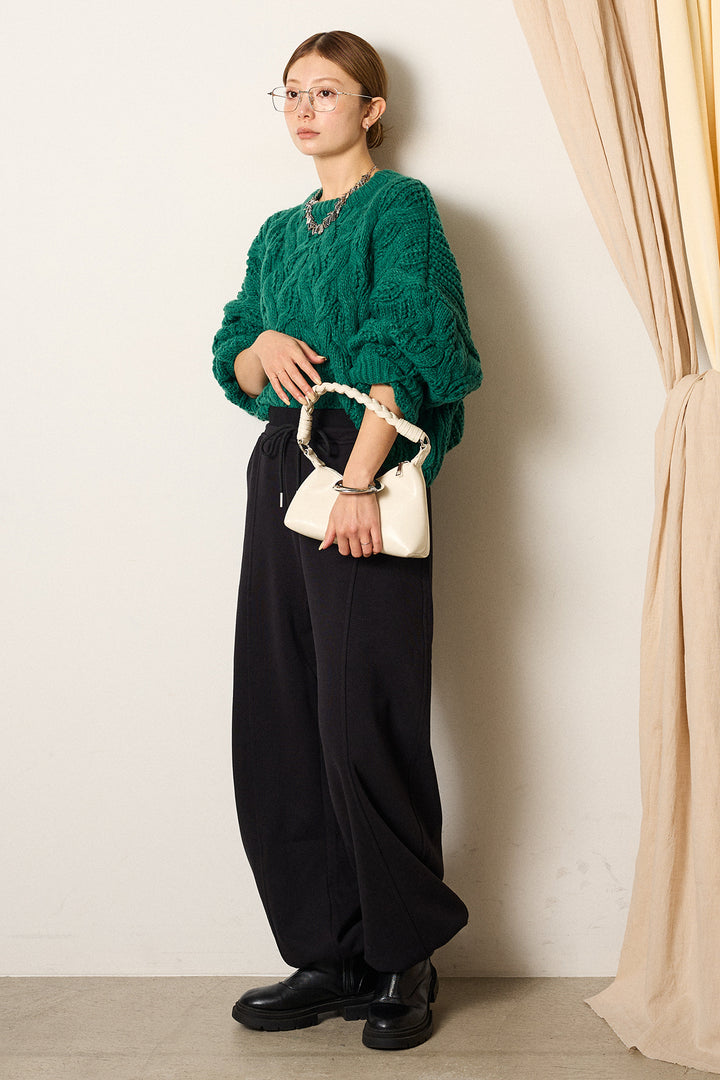 [SET]ケーブルリラックスショートニット+スウェットワイドカーブパンツ(2set)