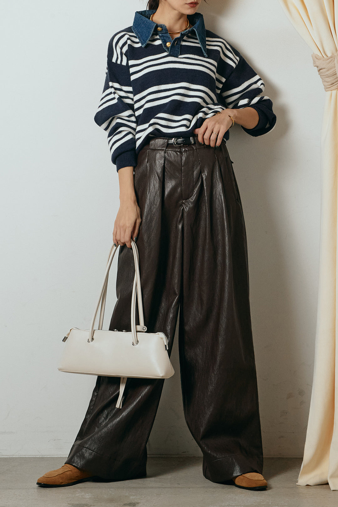 [SET]デニムレイヤード風ランダムボーダーニットプルオーバー+ベルト付きレザーライクタックパンツ(2set)