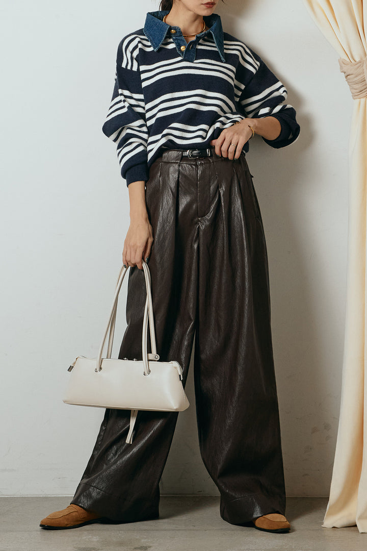 [SET]デニムレイヤード風ランダムボーダーニットプルオーバー+ベルト付きレザーライクタックパンツ(2set)