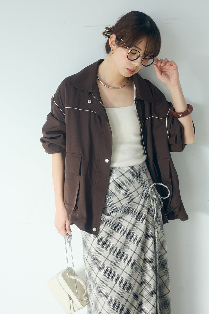 [SET]合繊ツイルバルーンジャケット+タータンチェック柄フロントデザインスカート(2set)
