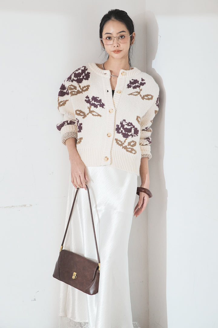 [SET]花柄ジャガードニットカーディガン+裾レースデザインサテンスカート(2set)