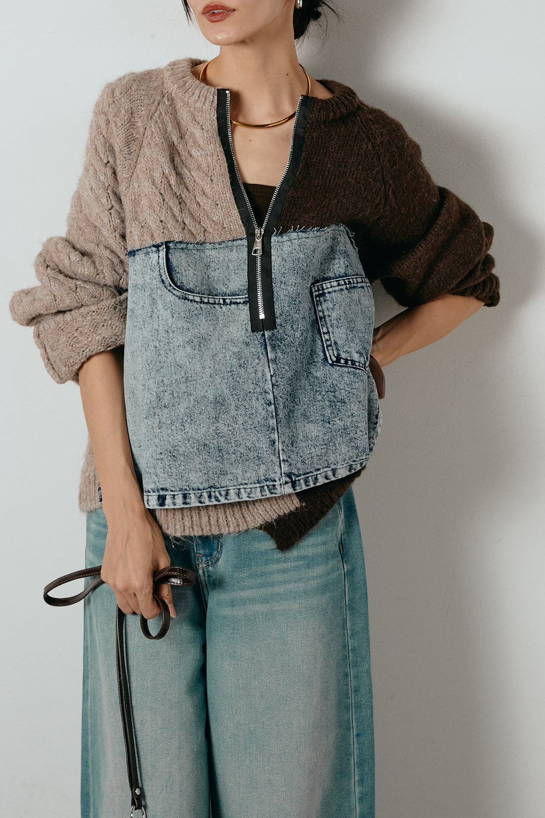 [SET]ハーフジップニットデニムドッキングトップス+ウエストダブルボタンワイドデニムパンツ(2set)