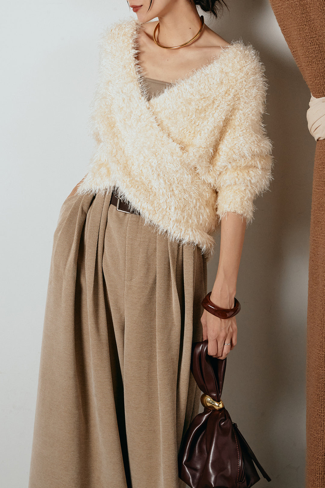 [SET]シャギークロスニットトップス+ベルトループコーデュロイワイドパンツ(2set)