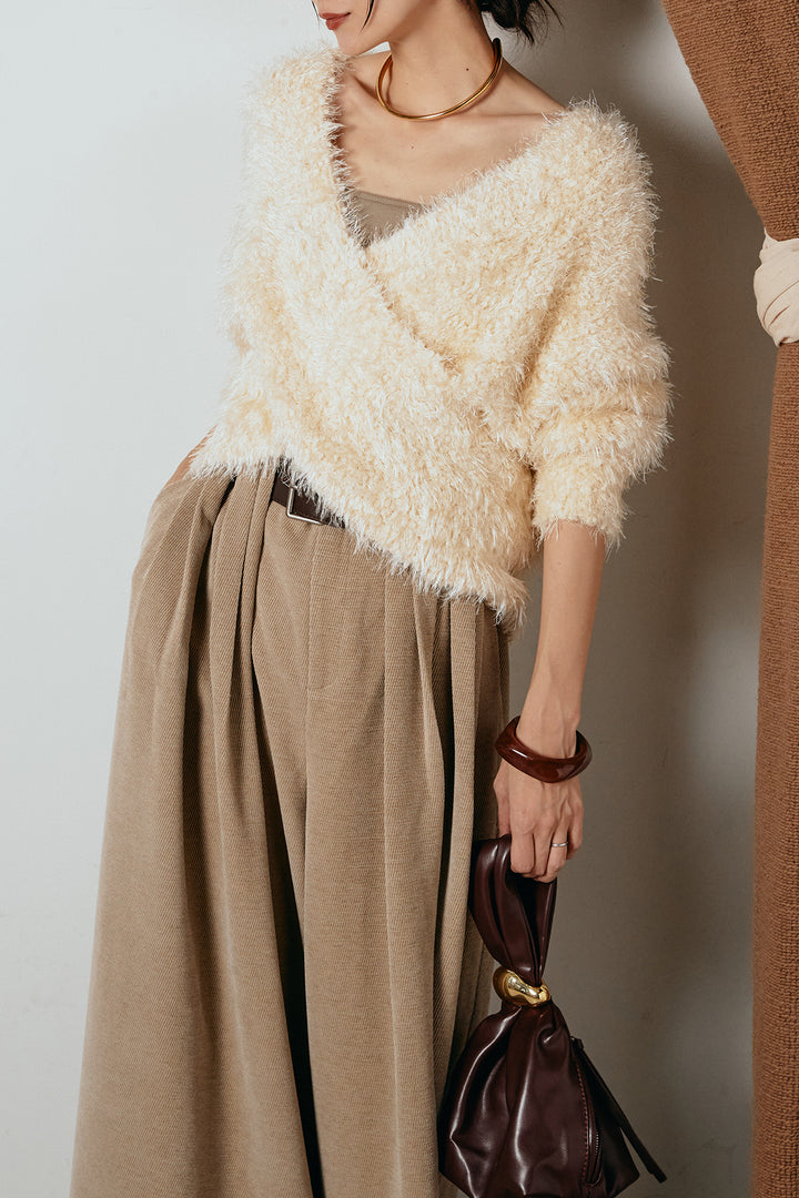 [SET]シャギークロスニットトップス+ベルトループコーデュロイワイドパンツ(2set)