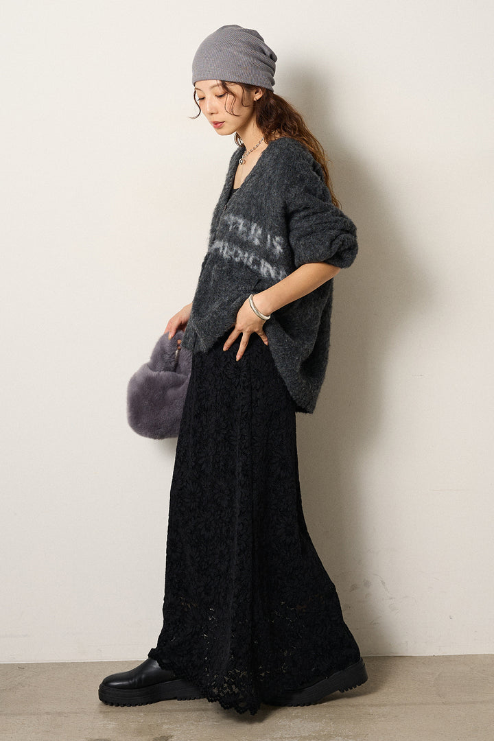 [SET]ウール混透かしロゴニットカーディガン+花柄刺繍ベロアフレアスカート(2set)
