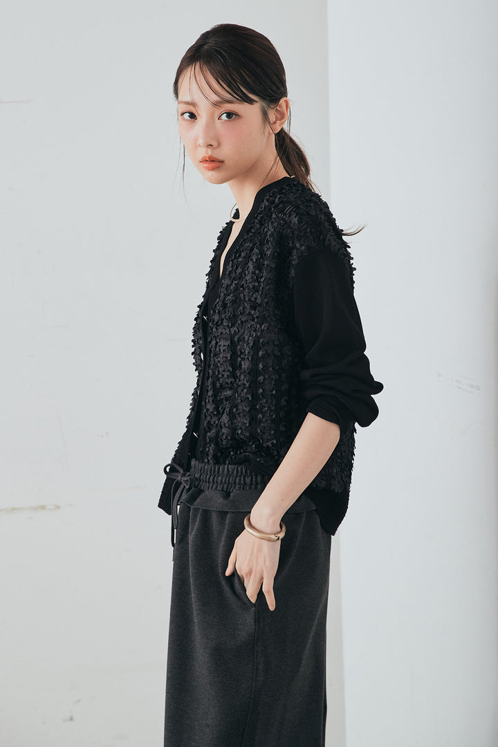 [SET]モコレースVネックカーディガン+カットダンボールウエストフリルカーブパンツ(2set)