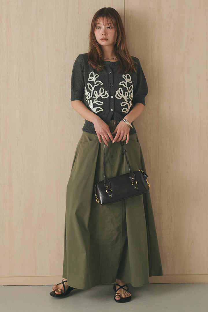 [SET]フロントテープデザイン半袖カーディガン+ミリタリーツイルタックフレアスカート(2set)