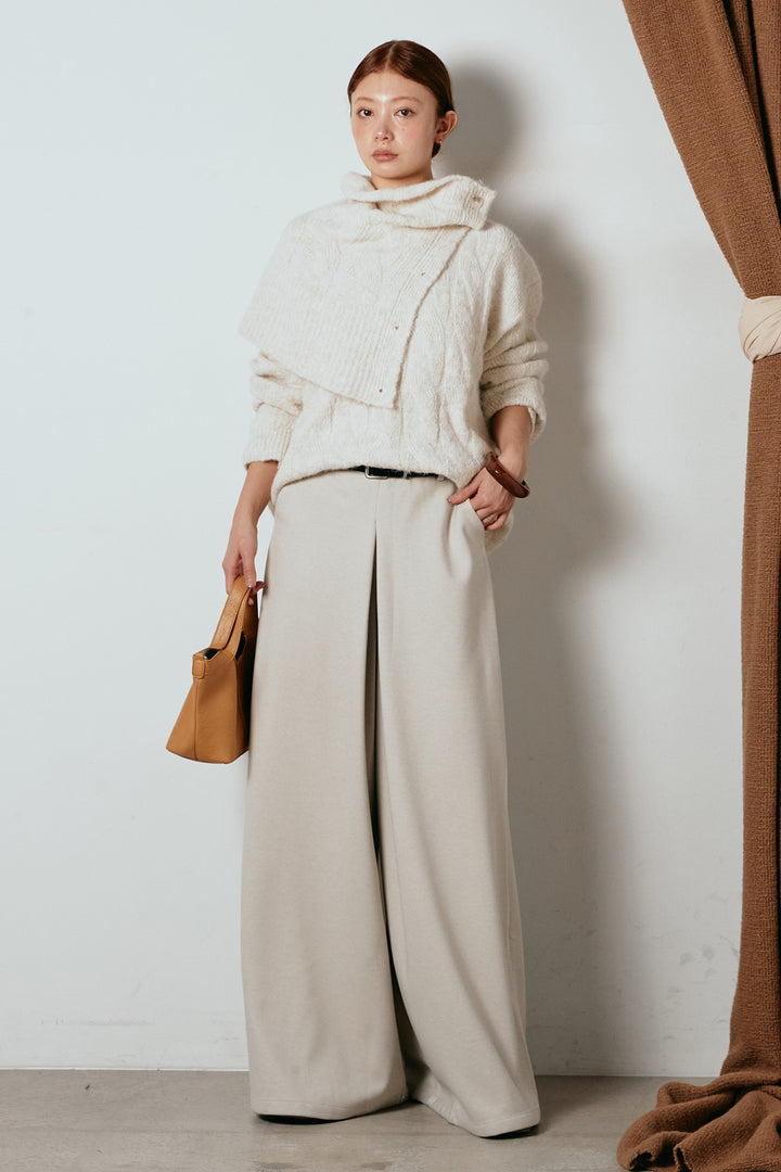 [SET]ケープデザインケーブルニットトップス+ベルト付きフロントタックデザインパンツ(2set)