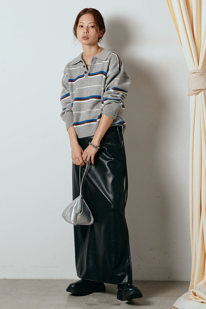[SET]襟付きマルチボーダーニットポロトップス+紐付きフェイクレザーワイドスカート(2set)