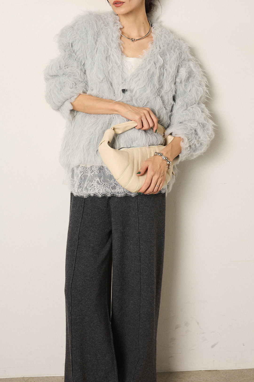 [SET]起毛シャギーニットカーディガン+センターラインニットパンツ+レース切り替えキャミソール(3set)