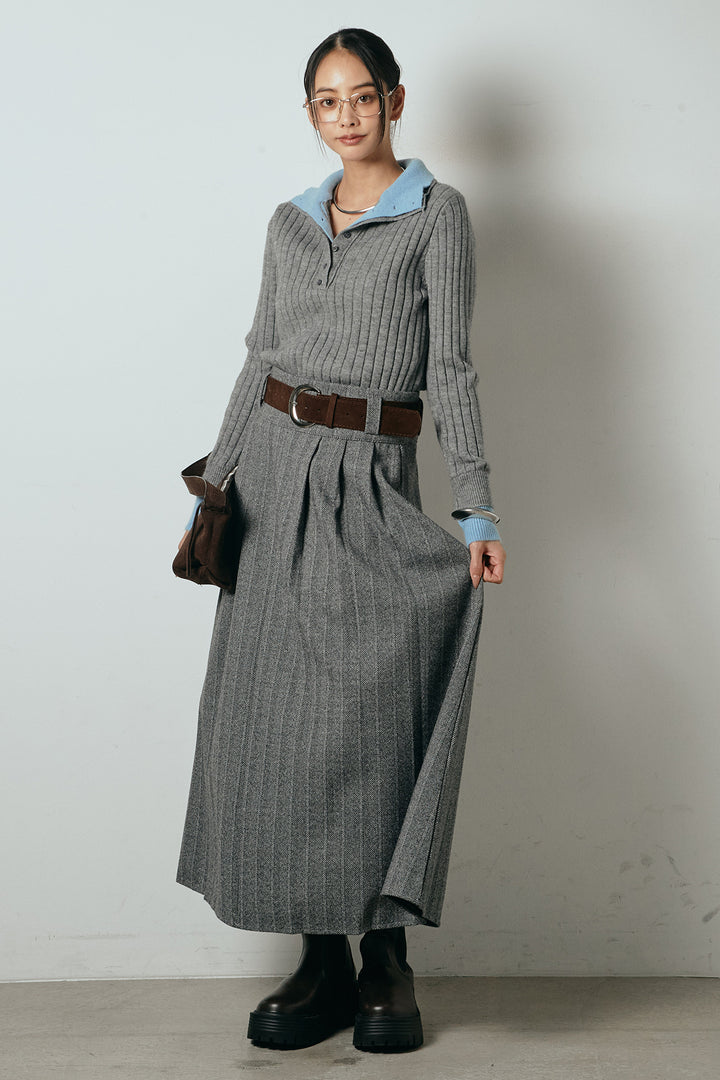 [SET]レイヤード風リブニットトップス+太ベルト付きヘリンボーンプリーツスカート(2set)