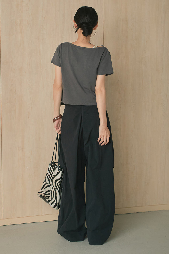 [SET]綿天竺半袖オフショルTシャツ+ニーサイドタックボリュームカーブパンツ(2set)